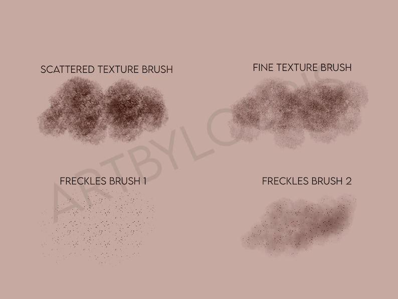 May include: Four digital brush samples for creating textures and freckles. The top left brush is labeled "Scattered Texture Brush", the top right brush is labeled "Fine Texture Brush", the bottom left brush is labeled "Freckles Brush 1", and the bottom right brush is labeled "Freckles Brush 2".