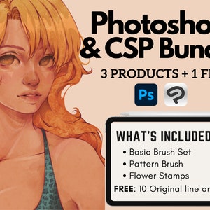 Photoshop Digital Brush Bundle  | Custom CSP Brushes and Patterns| Free Coloring Line Art Page | Instant Download | Artbylouris