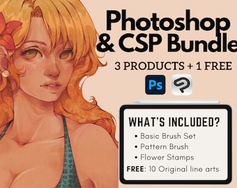Photoshop Digital Brush Bundle  | Custom CSP Brushes and Patterns| Free Coloring Line Art Page | Instant Download | Artbylouris