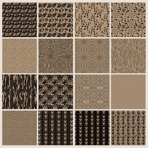 May include: A grid of sixteen patterned squares. The patterns include floral, leaf, and geometric designs in black and brown tones. Some squares have a transparent background, while others feature solid colors.
