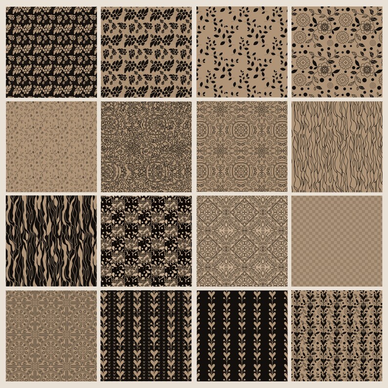 May include: A grid of sixteen patterned squares. The patterns include floral, leaf, and geometric designs in black and brown tones. Some squares have a transparent background, while others feature solid colors.