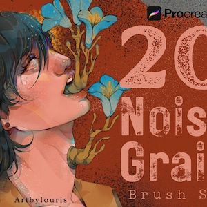Può includere: Un'illustrazione digitale di una persona con fiori blu che le crescono dalla bocca. Lo sfondo è un design testurizzato rosso, arancione e marrone. Il testo "20 Noise Grain Brush Set" è in lettere bianche sullo sfondo.