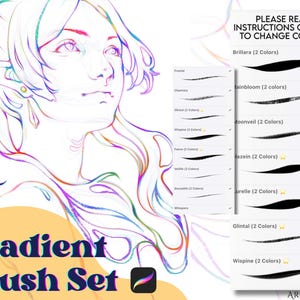 May include: Digital art brush set with a colorful illustration of a woman's face and flowing hair. The image includes the text "30 Gradient Brush Set" and instructions on how to change colors. The brushes are displayed as black strokes.