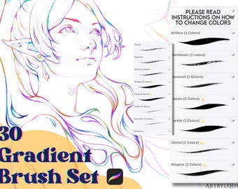 Paquete de 30 pinceles degradados / Pinceles que cambian de color / Conjunto de pinceles para Procreate / Bocetos / Entintado / Descarga instantánea