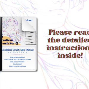May include: A manual for a gradient brush set, with a woman's illustration and brush stroke examples. The cover reads "Gradient Brush Set Manual" with instructions inside. The text "Please read the detailed instructions inside!" is also visible.