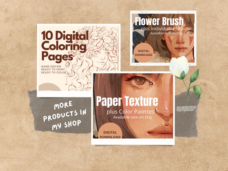 May include: An image featuring three digital art product advertisements. The top left ad promotes "10 Digital Coloring Pages." The top right ad is for "Flower Brush" with a portrait illustration. The bottom ad is for "Paper Texture." All ads include "Digital Download" text.