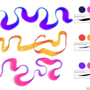 May include: Digital art brushes featuring flowing, ribbon-like designs in shades of blue, orange, and pink. The image includes colour palettes and brush stroke examples labelled "Brillara", "Rainbloom", and "Wispine". The artist's name, "ARTBYLOURIS", is at the bottom.