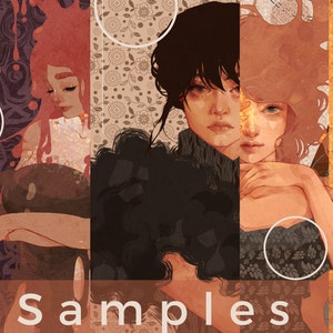 May include: An artistic illustration featuring three panels with stylized portraits of women. The artwork uses a warm color palette with shades of red, brown, and gold. The word "Samples" is written in white at the bottom of the image.