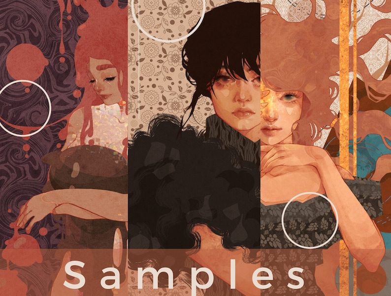 May include: An artistic illustration featuring three panels with stylized portraits of women. The artwork uses a warm color palette with shades of red, brown, and gold. The word "Samples" is written in white at the bottom of the image.