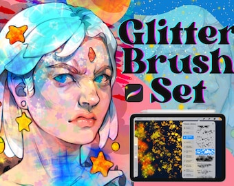 May include: Digital artwork featuring a person with blue and white hair, star-shaped earrings, and a pendant. The image includes the text "Glitter Brush Set" and a tablet showing digital art brushes.