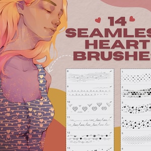 May include: A digital illustration of a woman with pink hair wearing a blue and white patterned top with hearts. The image is a product advertisement for 14 seamless heart brushes for digital art.