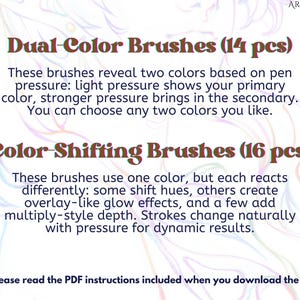 May include: Digital art brushes for dual-colour and colour-shifting effects. The image displays text describing the features of the brushes, including how they change colour based on pen pressure. The set includes 14 dual-colour and 16 colour-shifting brushes.