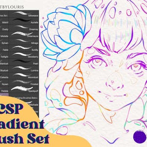 May include: Digital art illustration of a woman with colorful outlines and a gradient brush set. The image includes a list of brush names and the text "CSP Gradient Brush Set". The woman's face is the focal point, with vibrant colors.