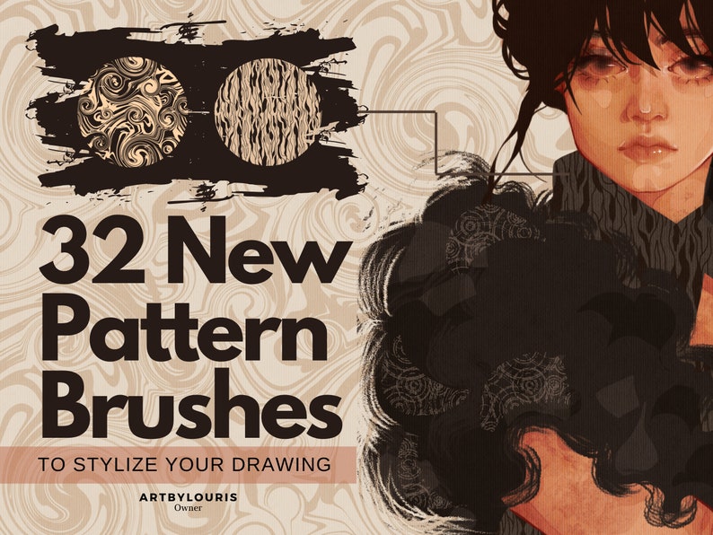 May include: Digital art advertisement featuring a woman and pattern brushes. The text reads "32 New Pattern Brushes To Stylize Your Drawing". Two circular pattern brush examples are shown. The background has a swirling, marbled effect.