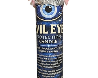 May include: A cylindrical Evil Eye Protection candle with a blue and black design. The candle features an eye graphic and text that reads "Evil Eye Protection Candle". The top is wrapped in foil and pink plastic.