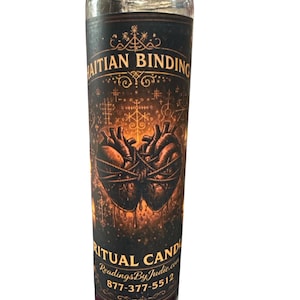 May include: A tall glass candle with a black label featuring the text "HAITIAN BINDING" and "RITUAL CANDLE". The label also displays two hearts intertwined with thorns. The candle has a dark purple wax base.