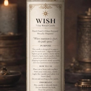 May include: A glass-encased 7-day ritual candle labeled "WISH." The candle has a cream-colored label with gold accents and text detailing its purpose and use. The candle is lit, with a visible flame.