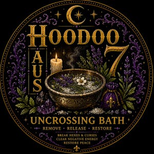 May include: Circular graphic with the words "Hoodoo Aus 7 Uncrossing Bath" in gold lettering. The image features a bowl with herbs, a lit candle, a purple pouch, and crystals, all set against a black background with a crescent moon and stars.