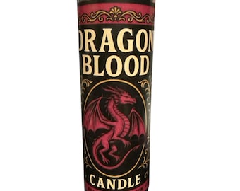 May include: A cylindrical candle with a black and red label. The label reads "DRAGON BLOOD CANDLE" with a red dragon illustration. The candle is in a clear plastic wrap.
