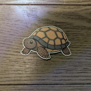 May include: A brown and tan cartoon tortoise sticker with a detailed shell and a cute face.