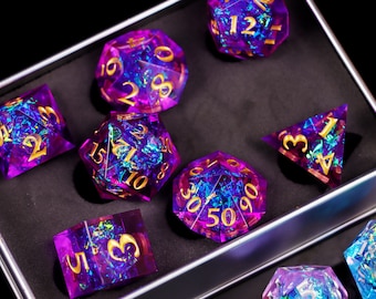 Purple sharp edge dice set for role playing games , Galaxy dice set dnd with gift box , Full polyhedral dice set , Purple dnd dice set dnd