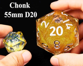 Gold Liquid Core oversized d20, Jumbo d20 for role playing games, 55 mm Giant dice D20 for DnD gifts, Dungeons and Dragons dice D20, d&d dice