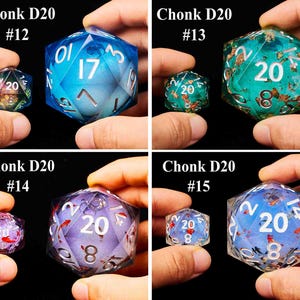 May include: Four different 20-sided dice, each with a unique color and pattern. The dice are labeled "Chonk D20" and numbered #12, #13, #14, and #15.