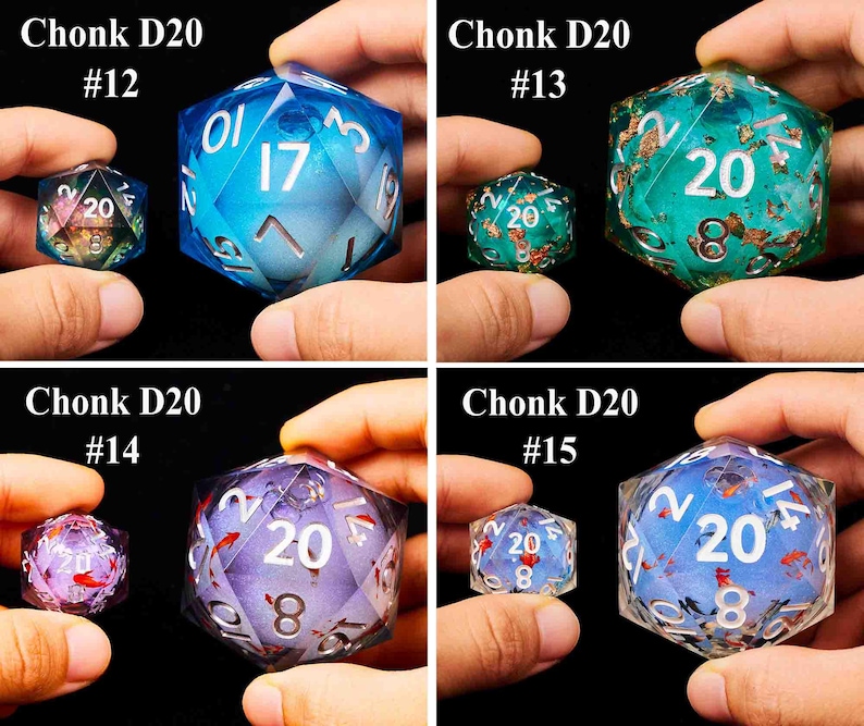 May include: Four different 20-sided dice, each with a unique color and pattern. The dice are labeled "Chonk D20" and numbered #12, #13, #14, and #15.