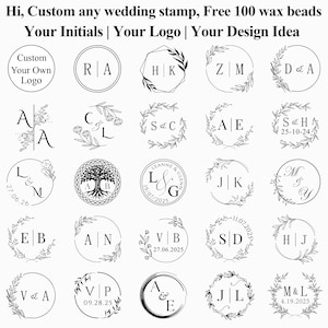 Könnte beinhalten: Eine Sammlung von 20 verschiedenen Designs für Hochzeitsstempel mit Initialen, Daten und floralen Motiven. Die Stempel sind schwarzweiß und in einem Raster angeordnet.