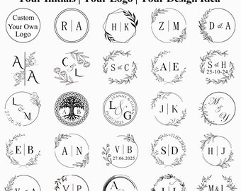 May include: A collection of 20 different wedding stamp designs featuring initials, dates, and floral motifs. The stamps are black and white and are arranged in a grid pattern.