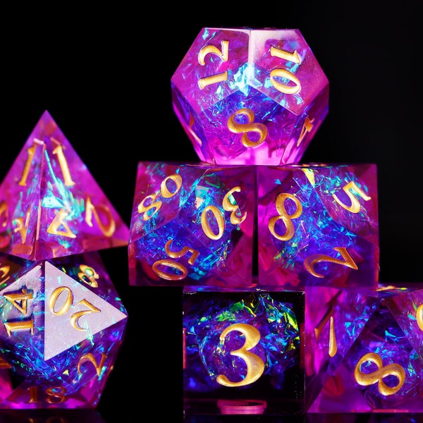 Purple dice set for gift , Sharp edge dice set for role playing games , Purple dice set resin , 7 PCS d&d dice set