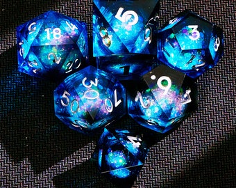 Blue black Liquid core dnd dice set for role playing games , Liquid Core Dungeons and Dragons Dice Set for D&D Gift , RPG d and d dice set