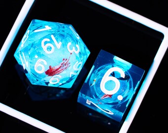 Blue koi fish dnd dice set for role playing games , Gorgeous liquid core dice set , Galaxy dungeons and dragons dice set for dnd gifts