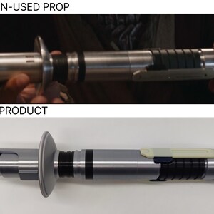 May include: A comparison of a screen-used prop and a final product of a silver lightsaber. The screen-used prop is a silver lightsaber with black accents. The final product is a silver lightsaber with black and white accents.
