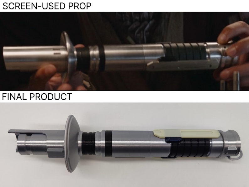 May include: A comparison of a screen-used prop and a final product of a silver lightsaber. The screen-used prop is a silver lightsaber with black accents. The final product is a silver lightsaber with black and white accents.
