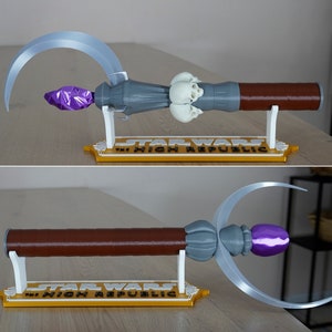 May include: A 3D printed replica of the lightsaber used by the character, "The Blade", from the Star Wars: The High Republic book series. The lightsaber features a purple crystal, a brown handle, and a silver crescent-shaped blade.