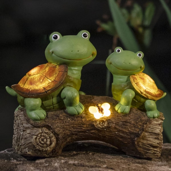 Garden Statue Turtles Figurine-Cute Frog Face Turtles Resin Statue with Solar Lights, Outdoor Fall Gnomes Decorations for Yard Lawn Ornament