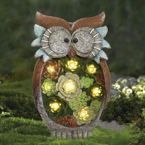 Solar Lamp Garden Owl Succulent Plants Ornamental Garden Statues Warm White Lights with Slow Flash Decoration Birthday Gift Resin Craft