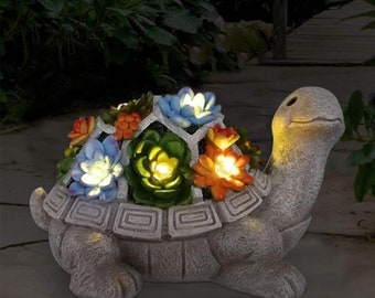 Solar Garden Outdoor Statues Turtle with Succulent and 7 LED Lights - Lawn Decor Tortoise Statue  Yard Ornament - Unique Housewarming Gifts