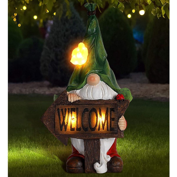 Garden Gnome Outdoor Statue, Large Funny Gnomes Figurines Holding Welcome Sign with Solar Light Garden Decor for Outside Garden Gift for Mom