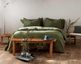 Moss Green - 100% Cotton Linen Duvet Cover with Pillowcases Set, Double Bedding Set, Stonewashed Linen Duvet Cover