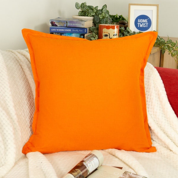 100% Natural Orange Linen Cushion Cover, Cotton Linen Throw Pillow , Decorative and Handmade Linen Cushions by Tiny&Comfy