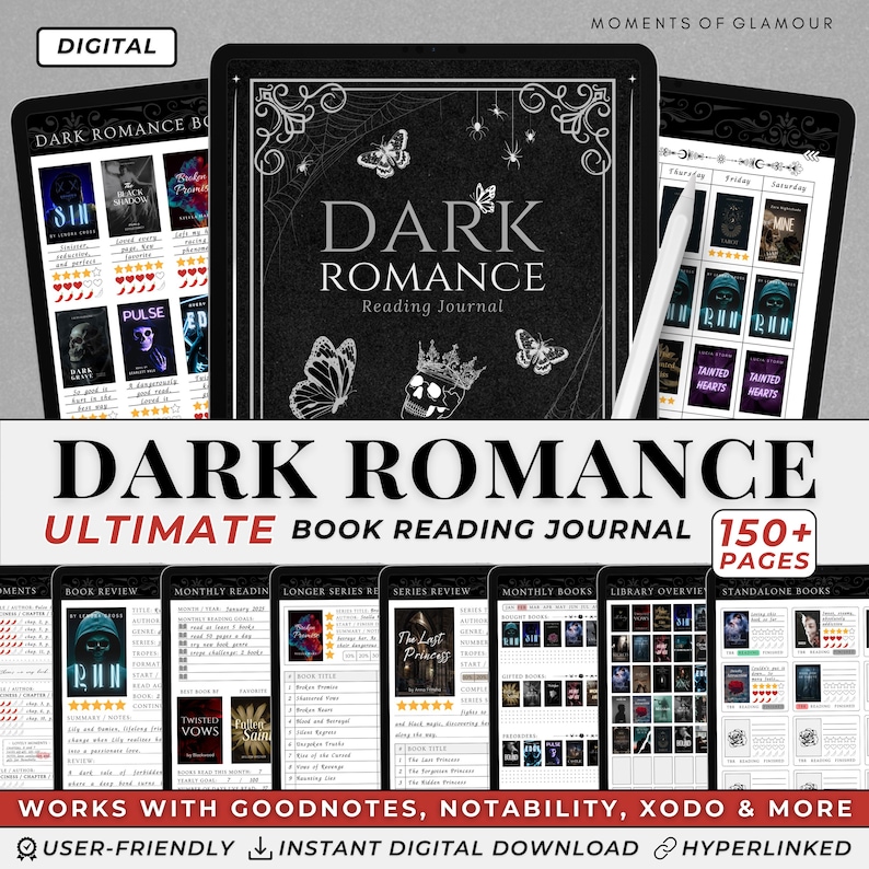 May include: A digital printable journal for tracking dark romance books. The cover features a black background with a skull, spiderwebs, and butterflies. The title "Dark Romance Reading Journal" is written in white text. The journal includes pages for book reviews, monthly reading logs, series reviews, and more. It is compatible with Goodnotes, Notability, Xodo, and other note-taking apps.