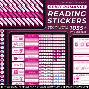 Peut inclure: Un téléchargement numérique de plus de 1055 autocollants de lecture roses, blancs et gris pour Goodnotes. Les autocollants présentent diverses illustrations et textes sur le thème des livres, tels que "slow-burn", "worth the hype", "hugs in book form", "just spice, no plot", "made my heart melt", "too spicy to function", "top book boyfriend", "in love", "hilarious", et "amazing such a fun read".