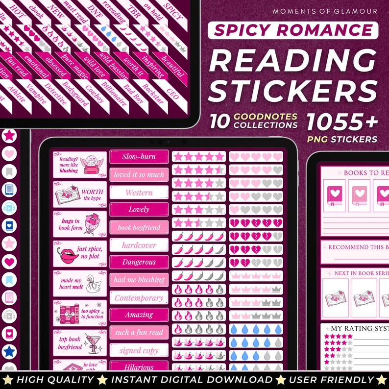 May include: A digital download of 1055+ pink, white, and gray reading stickers for Goodnotes. The stickers feature various book-themed illustrations and text, such as "slow-burn", "worth the hype", "hugs in book form", "just spice, no plot", "made my heart melt", "too spicy to function", "top book boyfriend", "in love", "hilarious", and "amazing such a fun read".