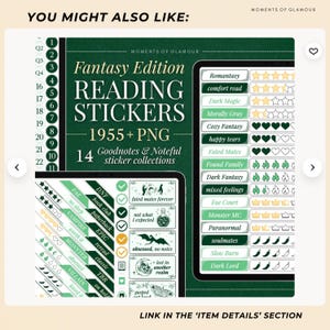 May include: A digital sticker set titled Fantasy Edition Reading Stickers 1955+ PNG 14 Goodnotes & Noteful sticker collections. The dark green graphic displays various rating labels, star icons, heart symbols, and fantasy-themed illustrations.