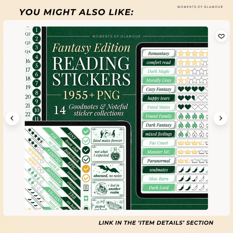 May include: A digital sticker set titled Fantasy Edition Reading Stickers 1955+ PNG 14 Goodnotes & Noteful sticker collections. The dark green graphic displays various rating labels, star icons, heart symbols, and fantasy-themed illustrations.