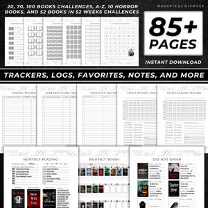 Puede incluir: Un diario de lectura digital con m&aacute;s de 85 p&aacute;ginas de plantillas en blanco y negro, que incluyen retos de lectura, rastreadores A-Z, registros de pr&eacute;stamos, seguimiento de personajes, cuadr&iacute;culas anuales, registros mensuales y listas de abandonos.