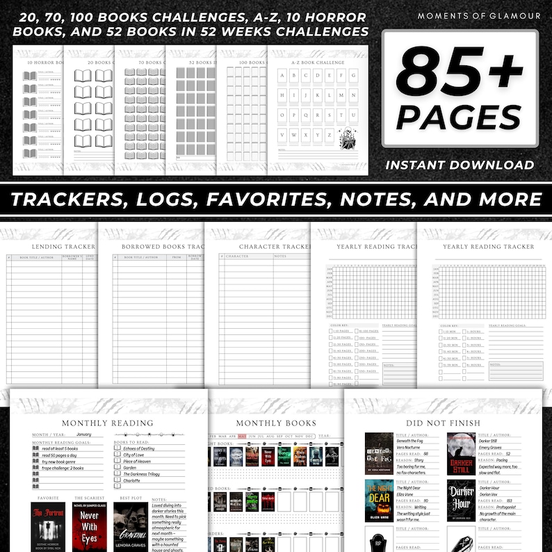 Puede incluir: Un diario de lectura digital con m&aacute;s de 85 p&aacute;ginas de plantillas en blanco y negro, que incluyen retos de lectura, rastreadores A-Z, registros de pr&eacute;stamos, seguimiento de personajes, cuadr&iacute;culas anuales, registros mensuales y listas de abandonos.