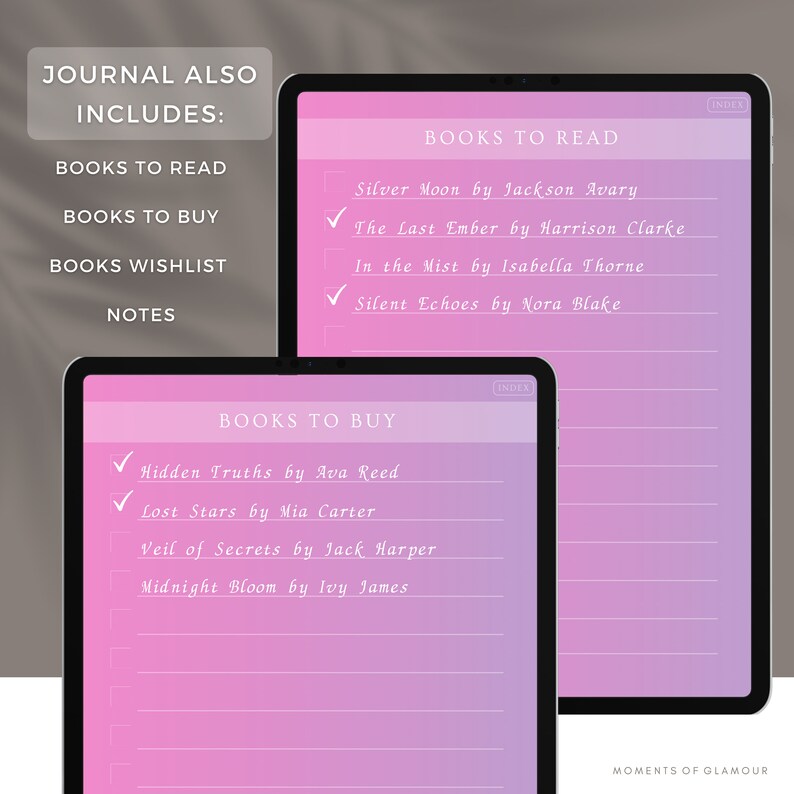 Puede incluir: Un planificador digital con degradado rosa y morado con una lista de verificaci&oacute;n de libros para leer y libros para comprar. El planificador incluye secciones para libros para leer, libros para comprar, lista de deseos de libros y notas. El texto "INDEX" aparece en la esquina superior derecha de cada p&aacute;gina.